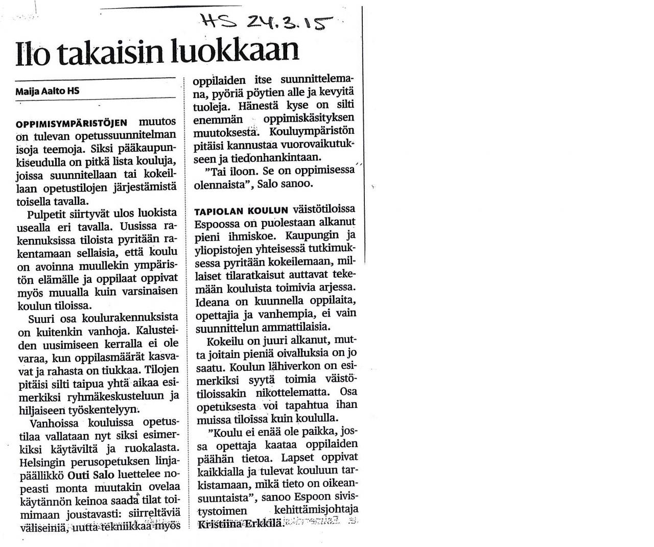 JOT-hankkeesta Helsingin sanomissa 24.3.2015